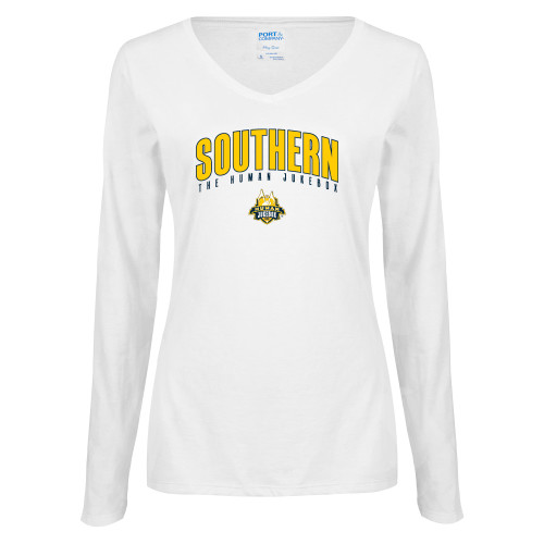  Womens White Long Sleeve V Neck Tee - Arched Southern The Human Jukebox
