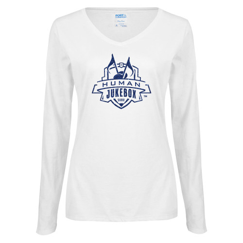  Womens White Long Sleeve V Neck Tee - H Dark Blue Glitter