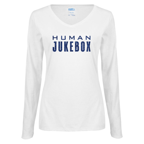  Womens White Long Sleeve V Neck Tee - H Dark Blue Glitter