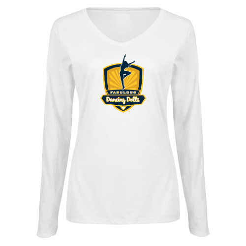  Womens White Long Sleeve V Neck Tee - Fabulous Dancing Dolls