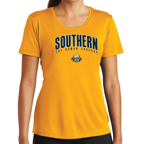  Womens Gold Performance Short Sleeve Tee - Arched Southern The Human Jukebox