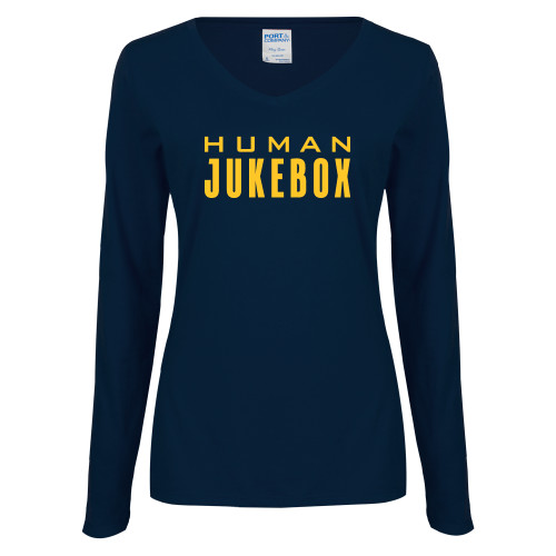 Womens Navy Long Sleeve V Neck Tee - Human Jukebox Wordmark