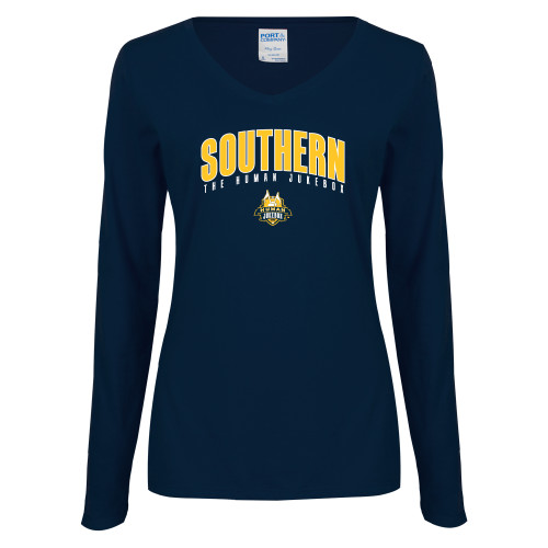  Womens Navy Long Sleeve V Neck Tee - Arched Southern The Human Jukebox
