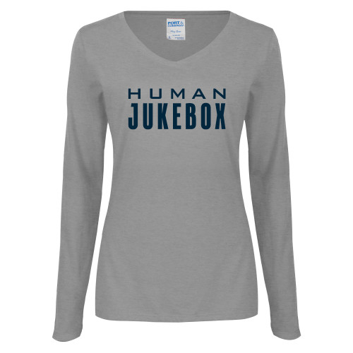  Womens Grey Long Sleeve V Neck Tee  - Human Jukebox Wordmark