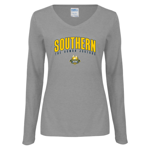  Womens Grey Long Sleeve V Neck Tee  - Arched Southern The Human Jukebox