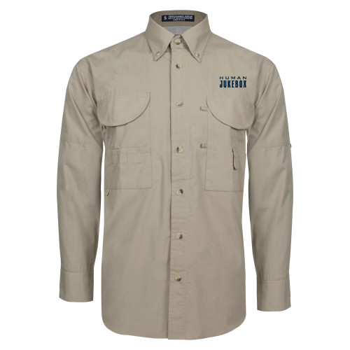  Khaki Fishing Shirt Performance Long Sleeve - Human Jukebox Wordmark