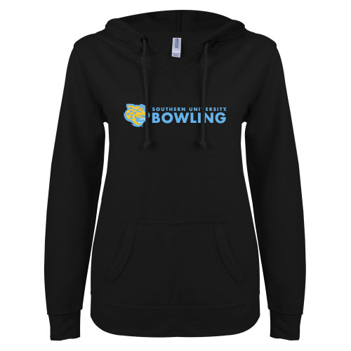  ENZA Womens Black V Notch Raw Edge Fleece Hoodie - Southern University Bowling