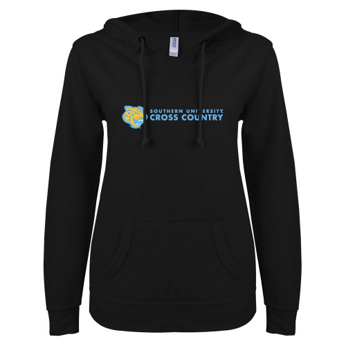  ENZA Womens Black V Notch Raw Edge Fleece Hoodie - Southern University Cross Country