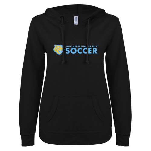  ENZA Womens Black V Notch Raw Edge Fleece Hoodie - Southern University Soccer