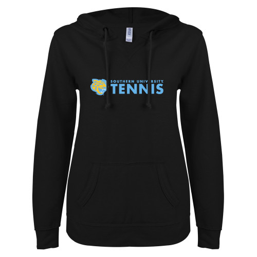  ENZA Womens Black V Notch Raw Edge Fleece Hoodie - Southern University Basketball