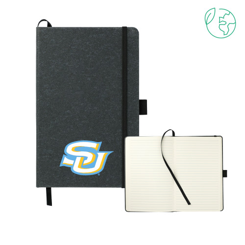  5.5 x 8.5 Black FSC Mix Recycled Leather Bound Journal - Interlocking SU - Primary Athletics Mark