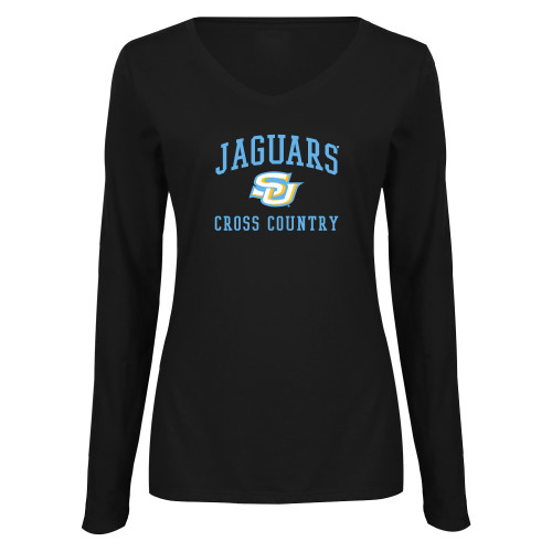  Womens Black Long Sleeve V Neck Tee  - Jaguars Cross Country