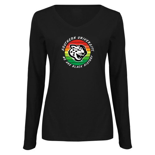 Womens Black Long Sleeve V Neck Tee  - We are Black History