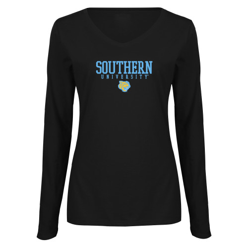  Womens Black Long Sleeve V Neck Tee  - Souther University Stacked w/ Jaguar