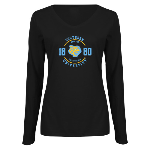  Womens Black Long Sleeve V Neck Tee  - Souther University w/ Jaguar Head 1880