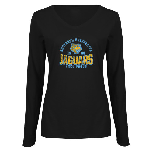  Womens Black Long Sleeve V Neck Tee  - Souther University Jaguars - HBCU Proud
