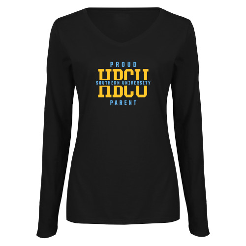 Womens Black Long Sleeve V Neck Tee  - Southern University Proud Parent