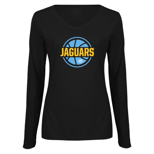  Womens Black Long Sleeve V Neck Tee  - Jaguars Basketball Graphic