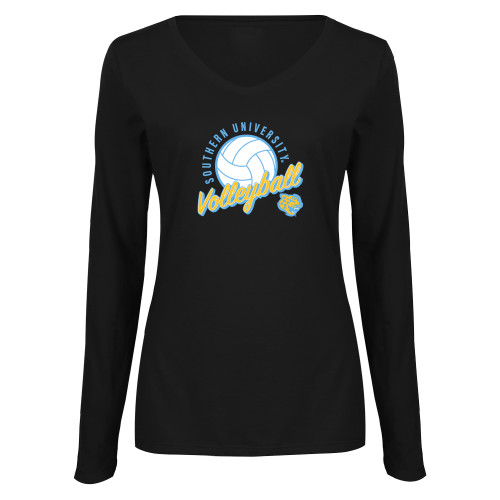  Womens Black Long Sleeve V Neck Tee  - Jaguars Volleyball Graohic