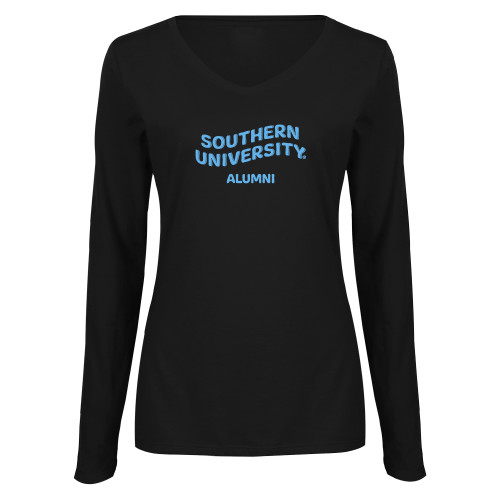  Womens Black Long Sleeve V Neck Tee  - Southern University Alumni Bubble Graphic