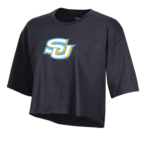  Champion Womens Black Crop Tee - Interlocking SU - Primary Athletics Mark