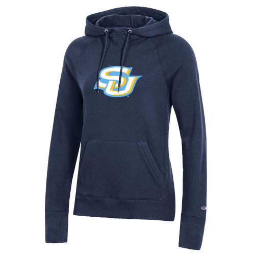  Champion Womens Navy Pull Over Hood - Interlocking SU - Primary Athletics Mark