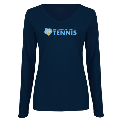  Womens Navy Long Sleeve V Neck Tee - Southern University Basketball