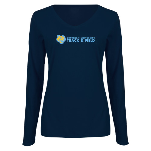  Womens Navy Long Sleeve V Neck Tee - Southern University Track and Field