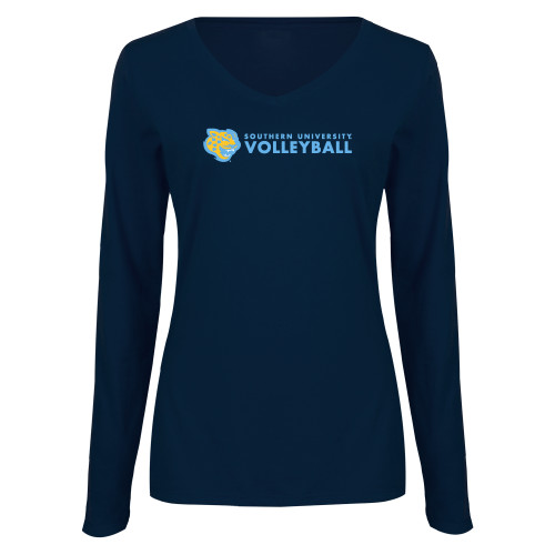 Womens Navy Long Sleeve V Neck Tee - Southern University Volleyball