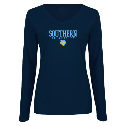 Womens Navy Long Sleeve V Neck Tee - Souther University Stacked w/ Jaguar