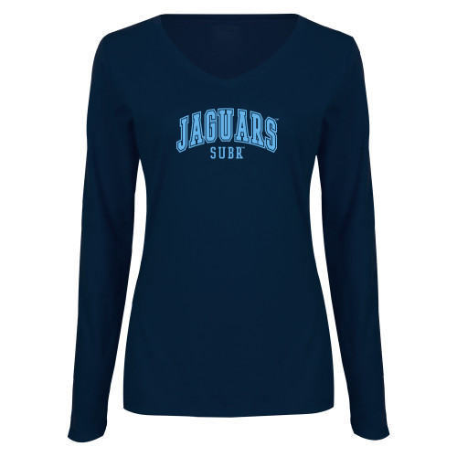  Womens Navy Long Sleeve V Neck Tee - Souther University Stacked w/ Jaguar