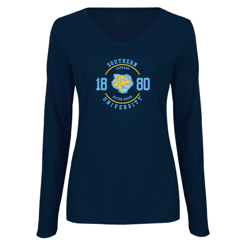  Womens Navy Long Sleeve V Neck Tee - Souther University w/ Jaguar Head 1880