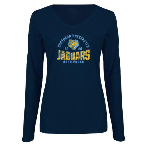  Womens Navy Long Sleeve V Neck Tee - Souther University Jaguars - HBCU Proud