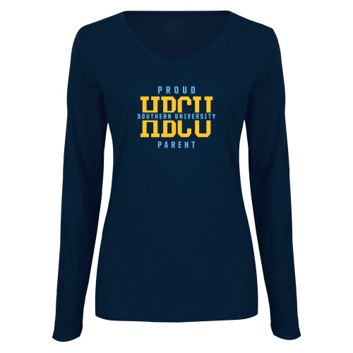  Womens Navy Long Sleeve V Neck Tee - Southern University Proud Parent