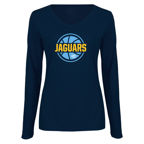  Womens Navy Long Sleeve V Neck Tee - Jaguars Basketball Graphic