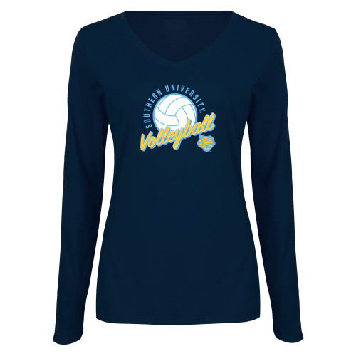  Womens Navy Long Sleeve V Neck Tee - Jaguars Volleyball Graohic
