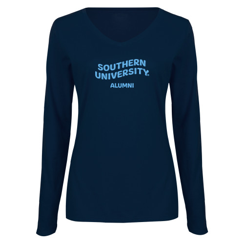  Womens Navy Long Sleeve V Neck Tee - Southern University Alumni Bubble Graphic