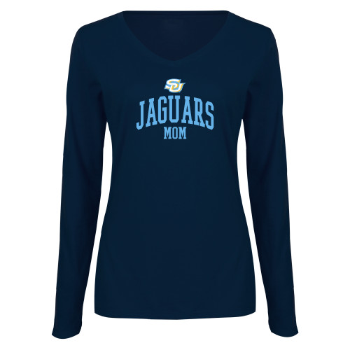 Womens Navy Long Sleeve V Neck Tee - SU Jaguars Mom