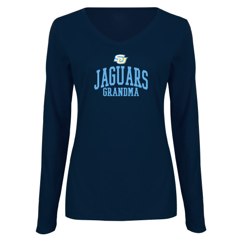  Womens Navy Long Sleeve V Neck Tee - SU Jaguars Grandma
