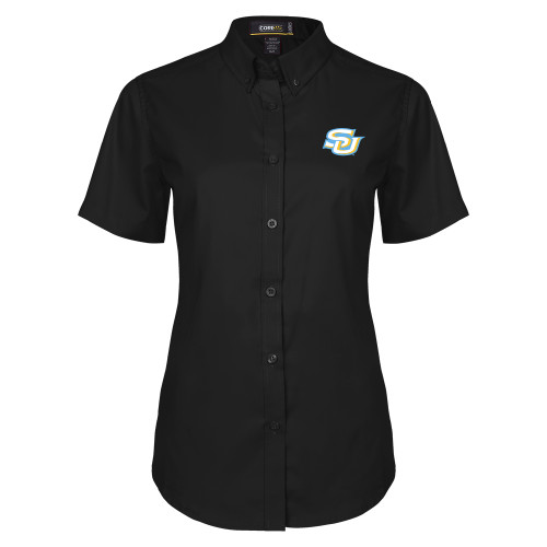  Womens Black Twill Button Up Short Sleeve - Interlocking SU - Primary Athletics Mark