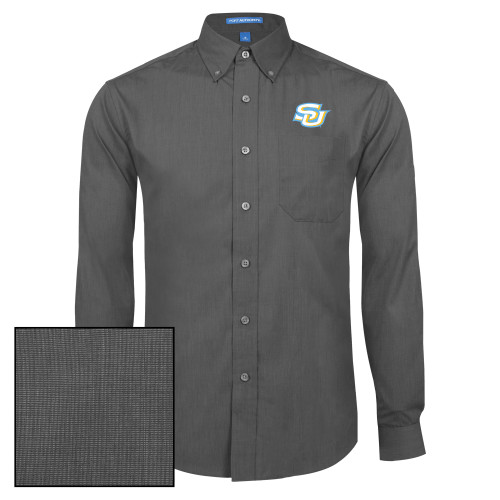  Dark Charcoal Poplin Crosshatch Long Sleeve Button Down - Interlocking SU - Primary Athletics Mark