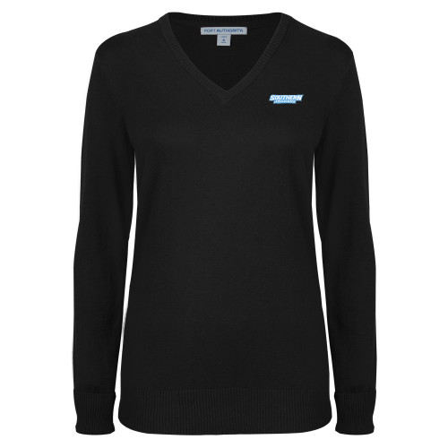  Womens Black VNeck Sweater - Souther University Wordmark