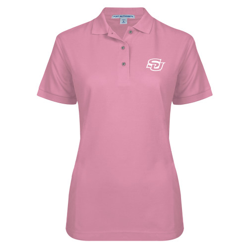  Womens Silk Touch Light Pink Pique Polo - Interlocking SU - Primary Athletics Mark
