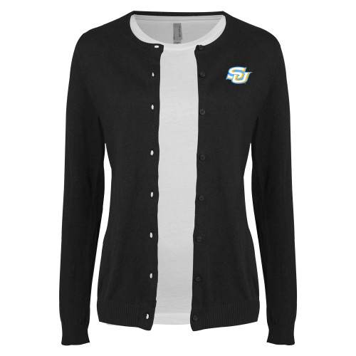  Womens Black Cardigan Sweater - Interlocking SU - Primary Athletics Mark