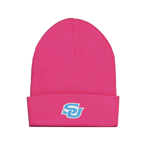  Fleece Lined Neon Pink Knit Beanie - Interlocking SU - Primary Athletics Mark
