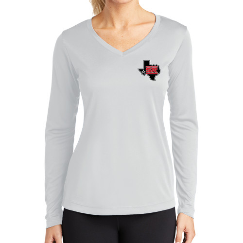  Womens White Performance Long Sleeve V Neck Shirt - Primary Mark