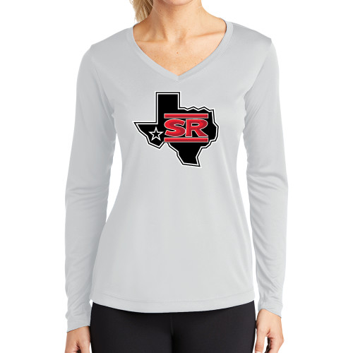  Womens White Performance Long Sleeve V Neck Shirt - Primary Mark