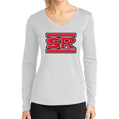  Womens White Performance Long Sleeve V Neck Shirt - SR Bar