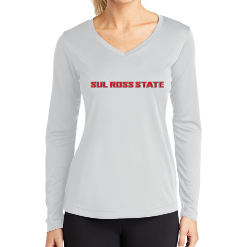  Womens White Performance Long Sleeve V Neck Shirt - Sul Ross State