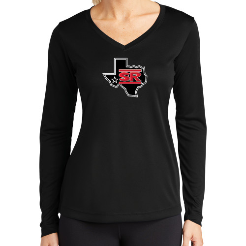  Womens Black Performance Long Sleeve V Neck Shirt - Primary Mark